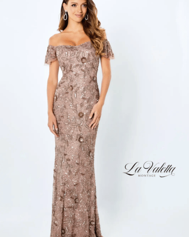 A lady in elegant mother of the bride dress in lace details 