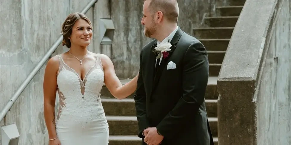 bride and groom sharing a first look