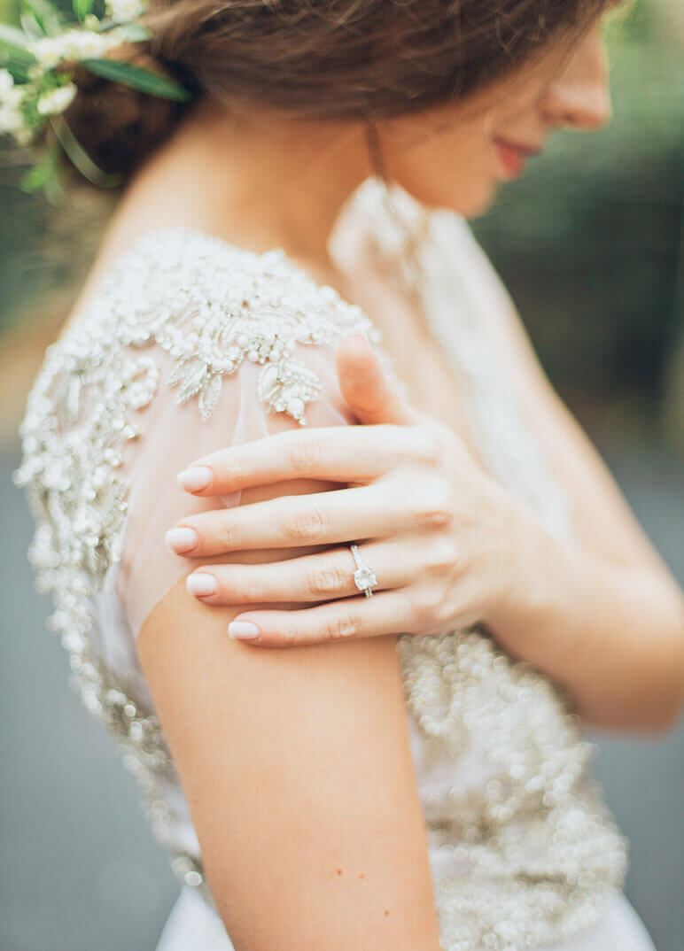 Close up image of model wearing beaded wedding dress